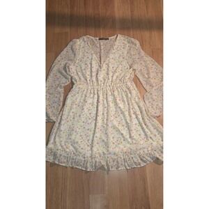 Hesperus Floral V-Neck Mini Dress Long Sleeve Ruffle Hem Cream Pink Large